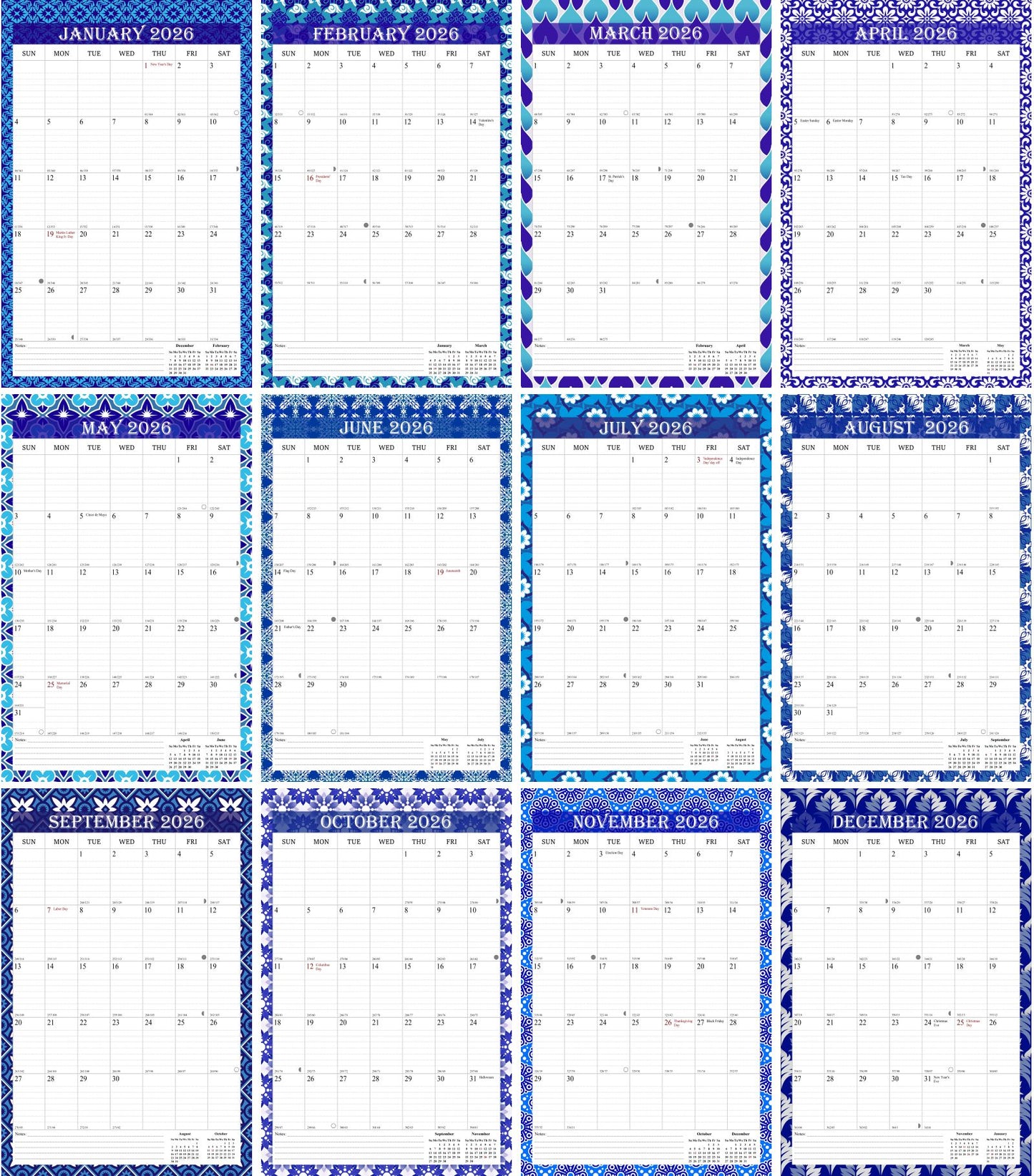 2026 Wall Calendar Spiral-Bound Twin-Wire Binding - 12 Months 14
