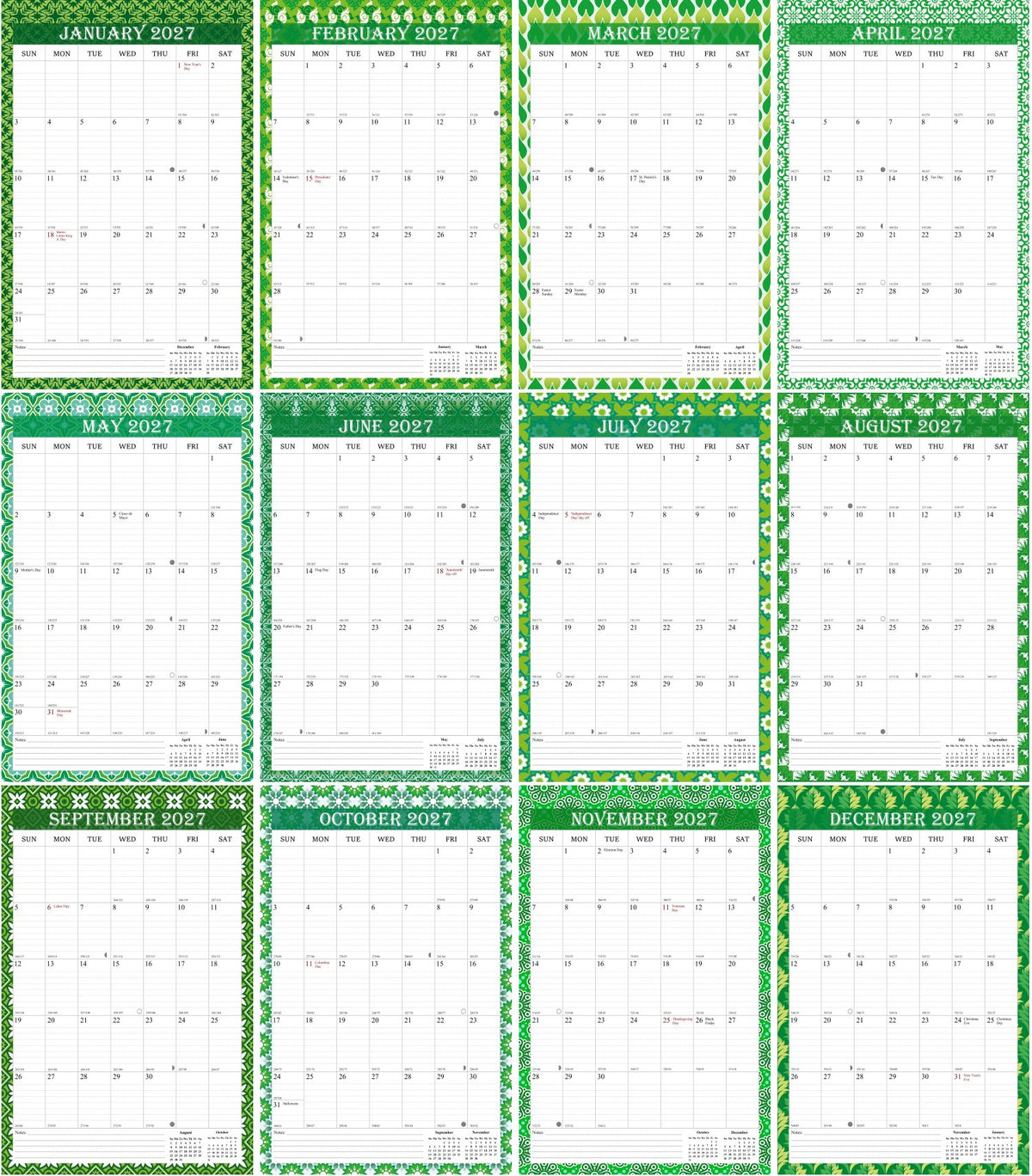 2027 Wall Calendar Spiral-Bound Twin-Wire Binding - 12 Months 13