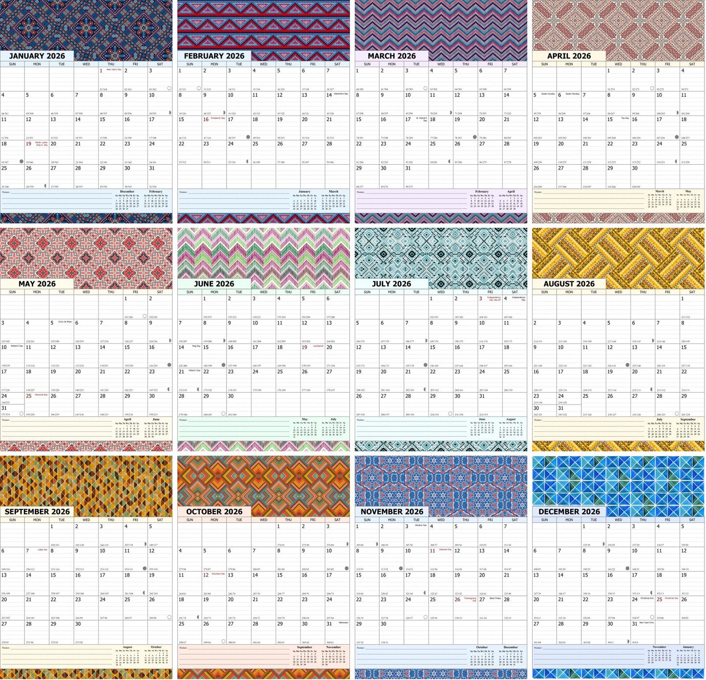 2026 Wall Calendar Spiral-Bound Twin-Wire Binding - 12 Months 18