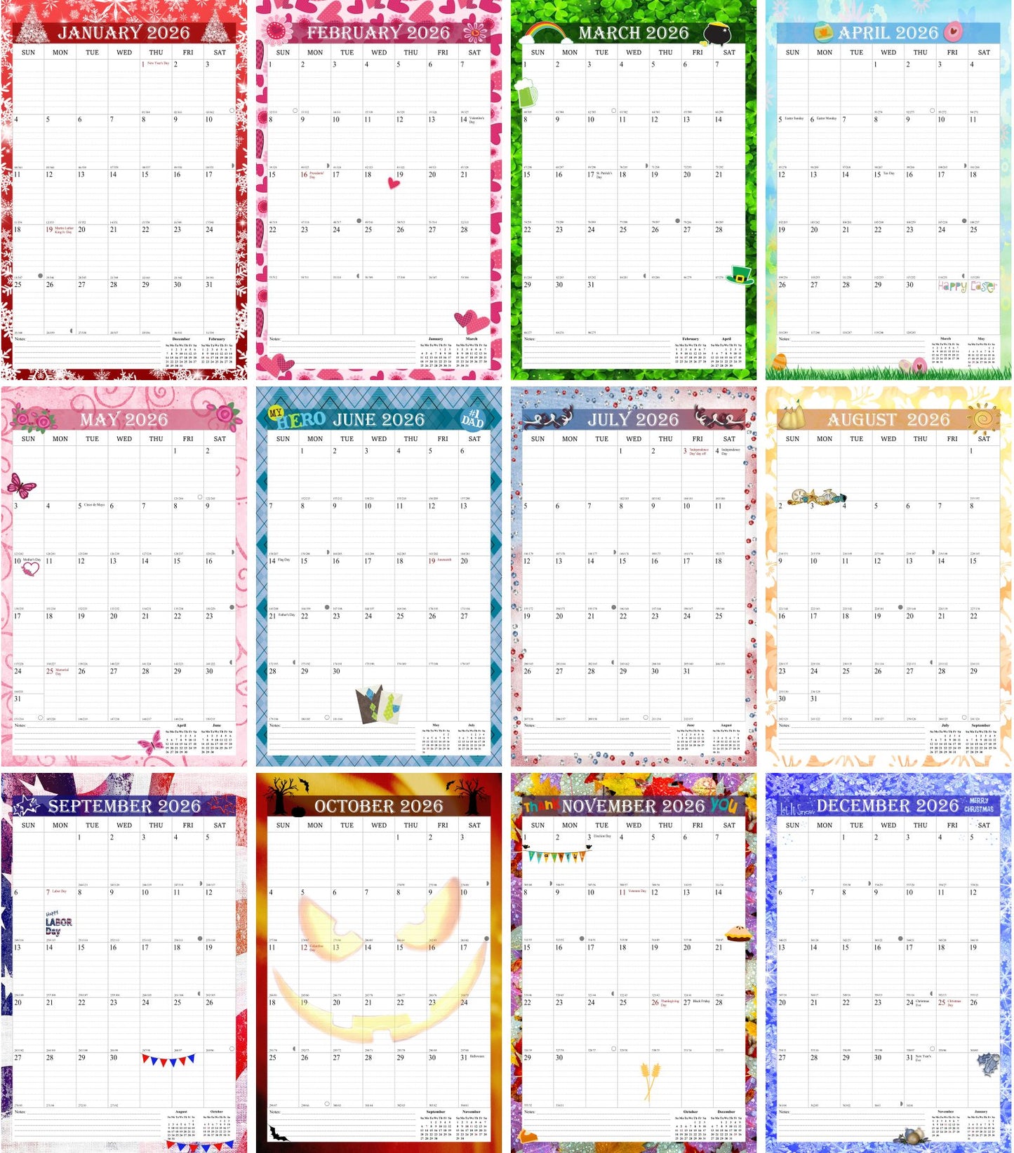 2026 Wall Calendar Spiral-Bound Twin-Wire Binding - 12 Months 12 (Holidays)