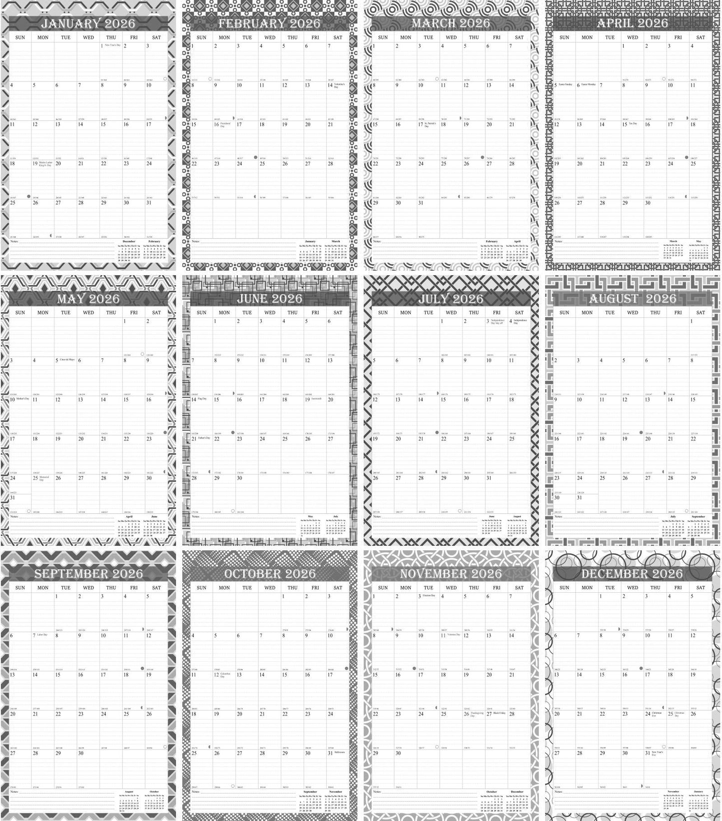 2026 Wall Calendar Spiral-Bound Twin-Wire Binding - 12 Months 03 B&W