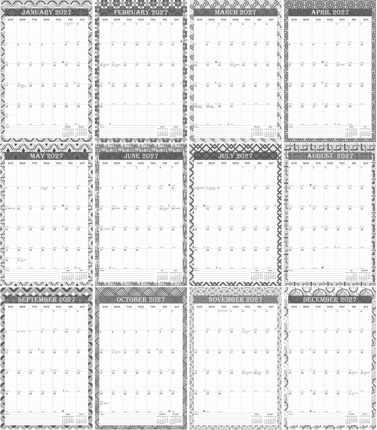 2027 Wall Calendar Spiral-Bound Twin-Wire Binding - 12 Months 03 B&W