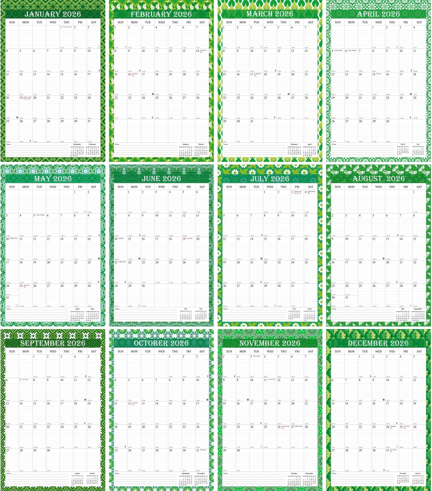 2026 Wall Calendar Spiral-Bound Twin-Wire Binding - 12 Months 13