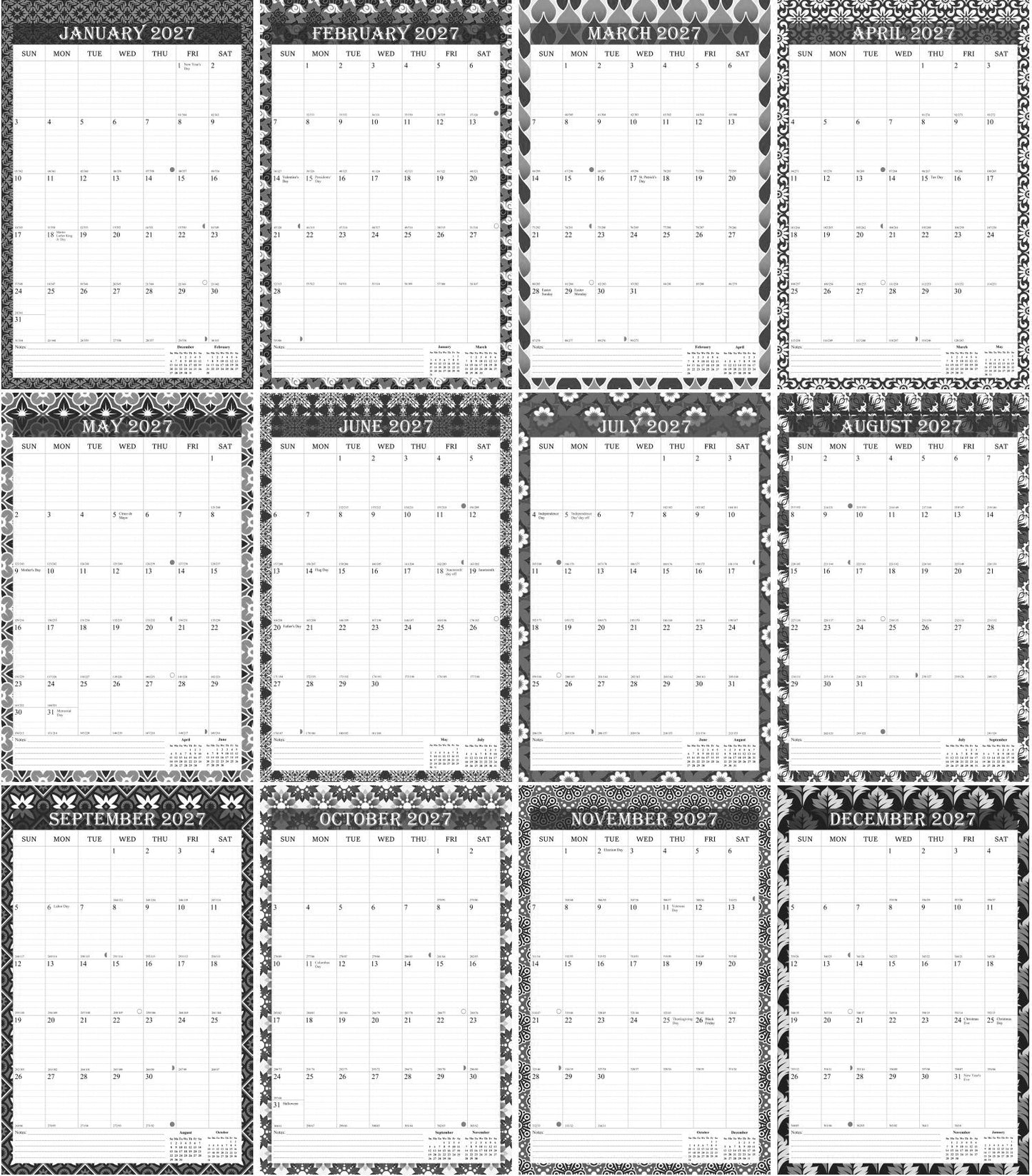 2027 Wall Calendar Spiral-Bound Twin-Wire Binding - 12 Months 014 B&W