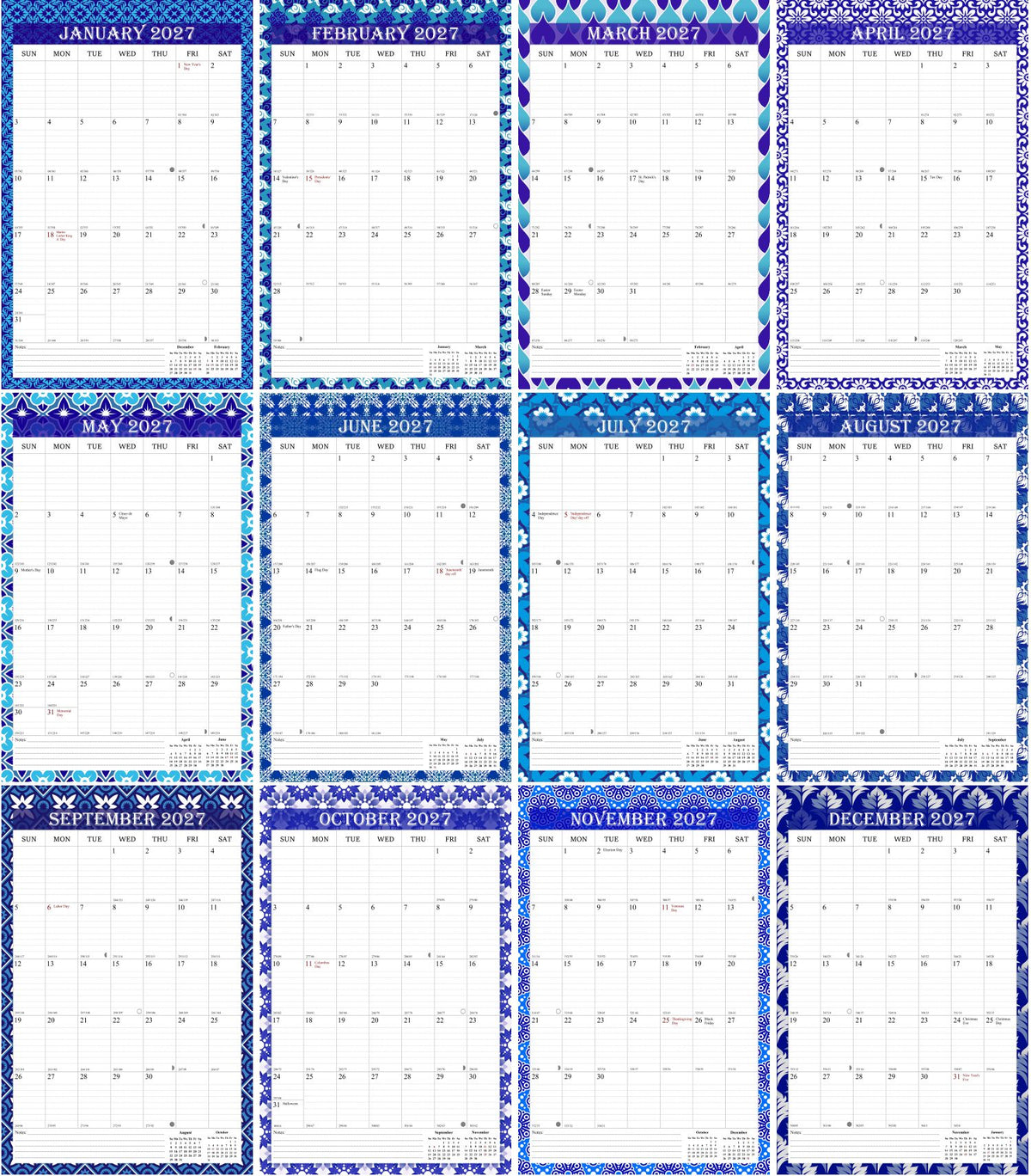 2027 Wall Calendar Spiral-Bound Twin-Wire Binding - 12 Months 14