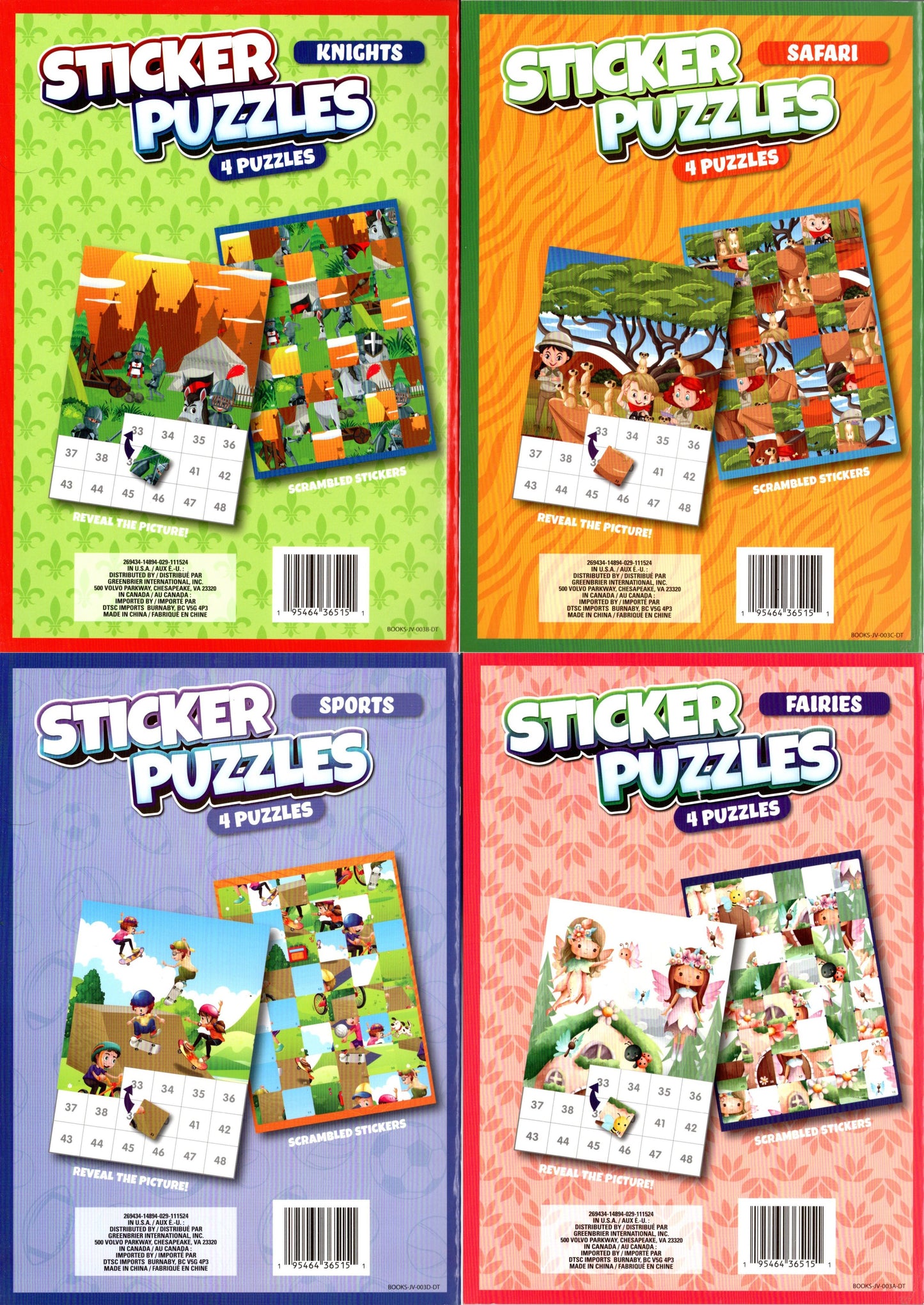 Activity Books for Kids: Sticker Puzzles - Knights, Safari, Sports and Fairies (Set of 4 Books)