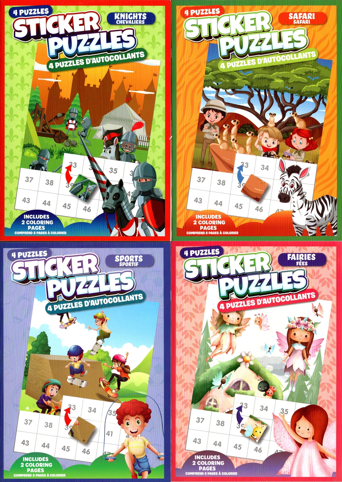 Activity Books for Kids: Sticker Puzzles - Knights, Safari, Sports and Fairies (Set of 4 Books)