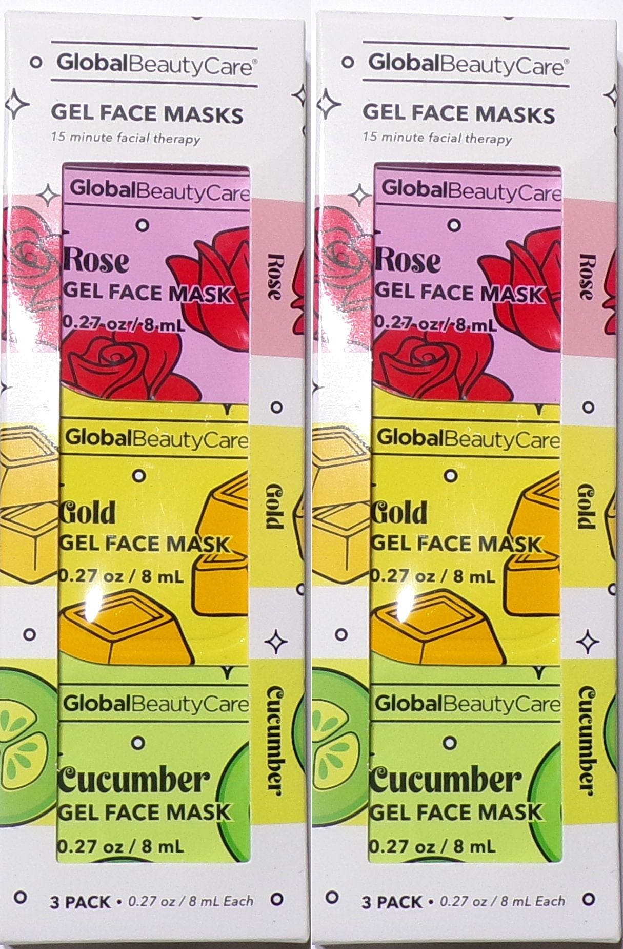 Global Beauty Care Gel Face Masks - Rose, Gold, Cucumber (Set of 2)
