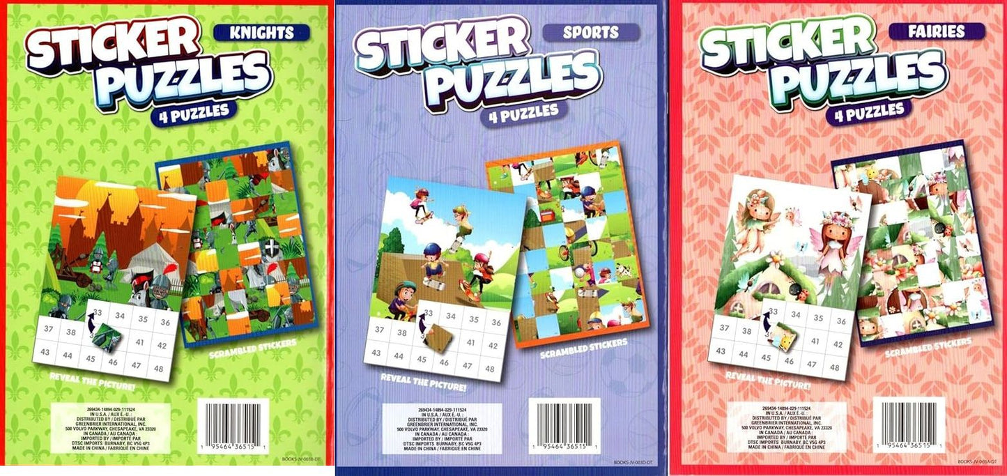 Activity Books for Kids: Sticker Puzzles - Knights, Sports and Fairies (Set of 3 Books)