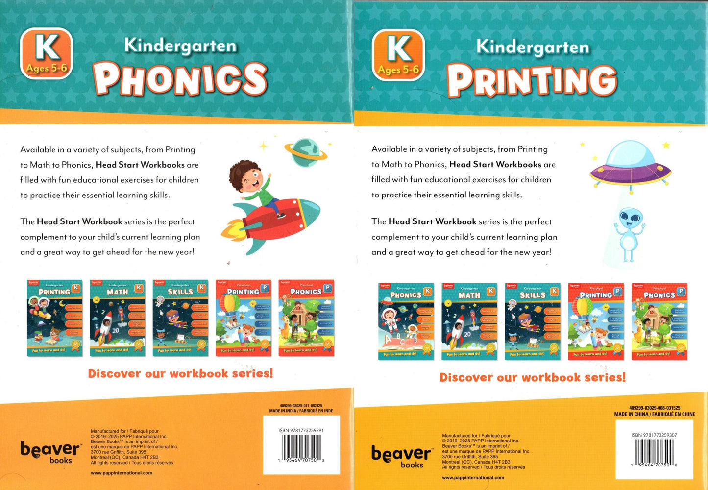 Beaver Kindergarten Educational Workbooks - Phonics & Printing (Set of 2)