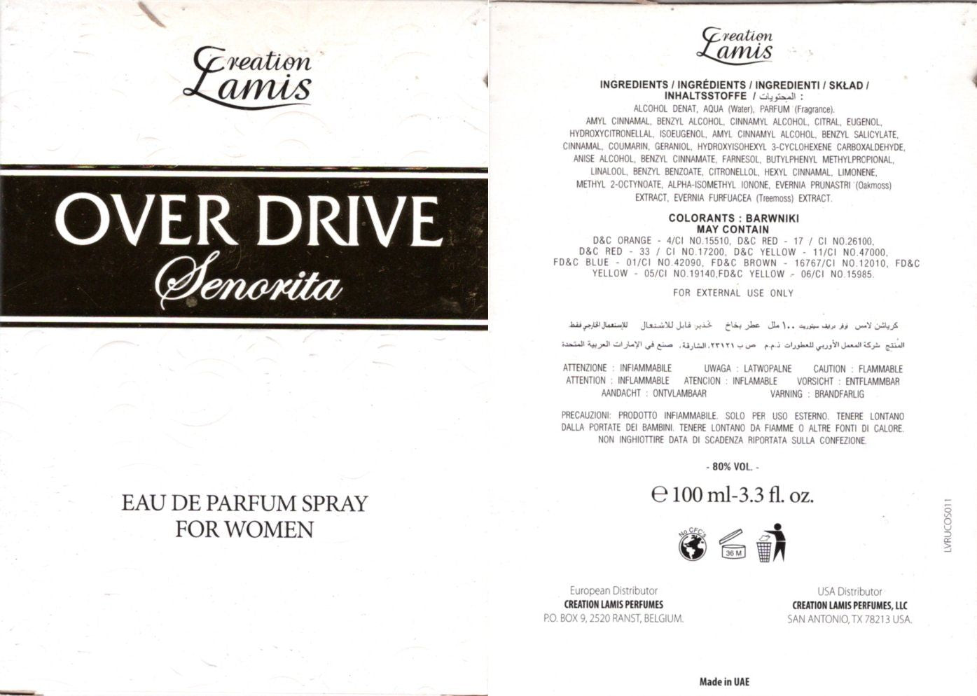 Creaton Lamis Over Drive Senorita for women Eau De Perfume Sprey 3.3 oz.