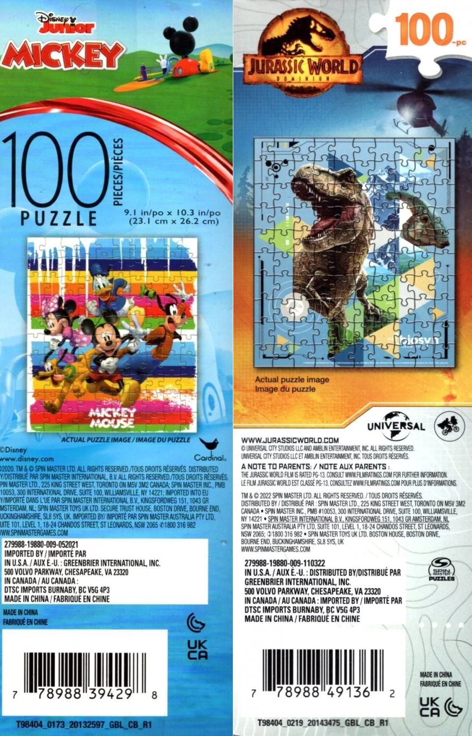 Universal Studios Jurassic World & Disney Junior Mickey - 100 Jigsaw Puzzle Set