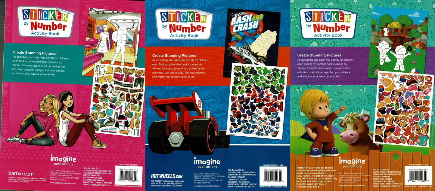 Little People, Barbie, Hot Wheels - Sticker by Number Activity Book (Set of 3)