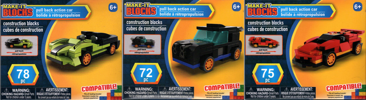 MAKE-IT BLOCKS - PULLBACK ACTION CAR - 75, 72, 78 PC. CONSTRUCTION BLOCKS Set
