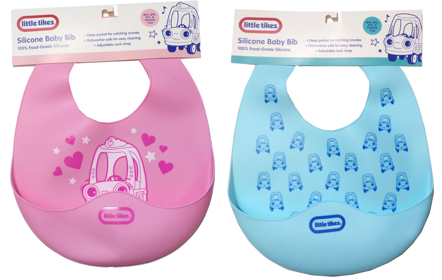 LITTLE TIKES Blue & Pink Silicone BABY BIB Deep Pocket & Adjust. Strap BPA+Phtha