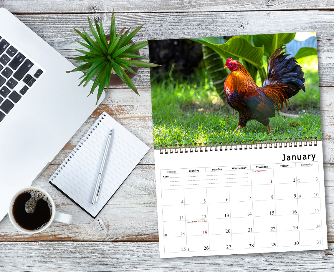 2026 Spiral-bound Wall Calendar (Roosters) - 12 Months Desktop/Wall Calendar/Planner