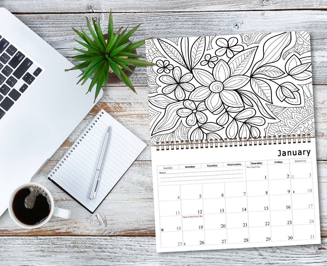 2027 Coloring Wall Calendar - 12 Months Desktop / Wall Calendar (Flowers)