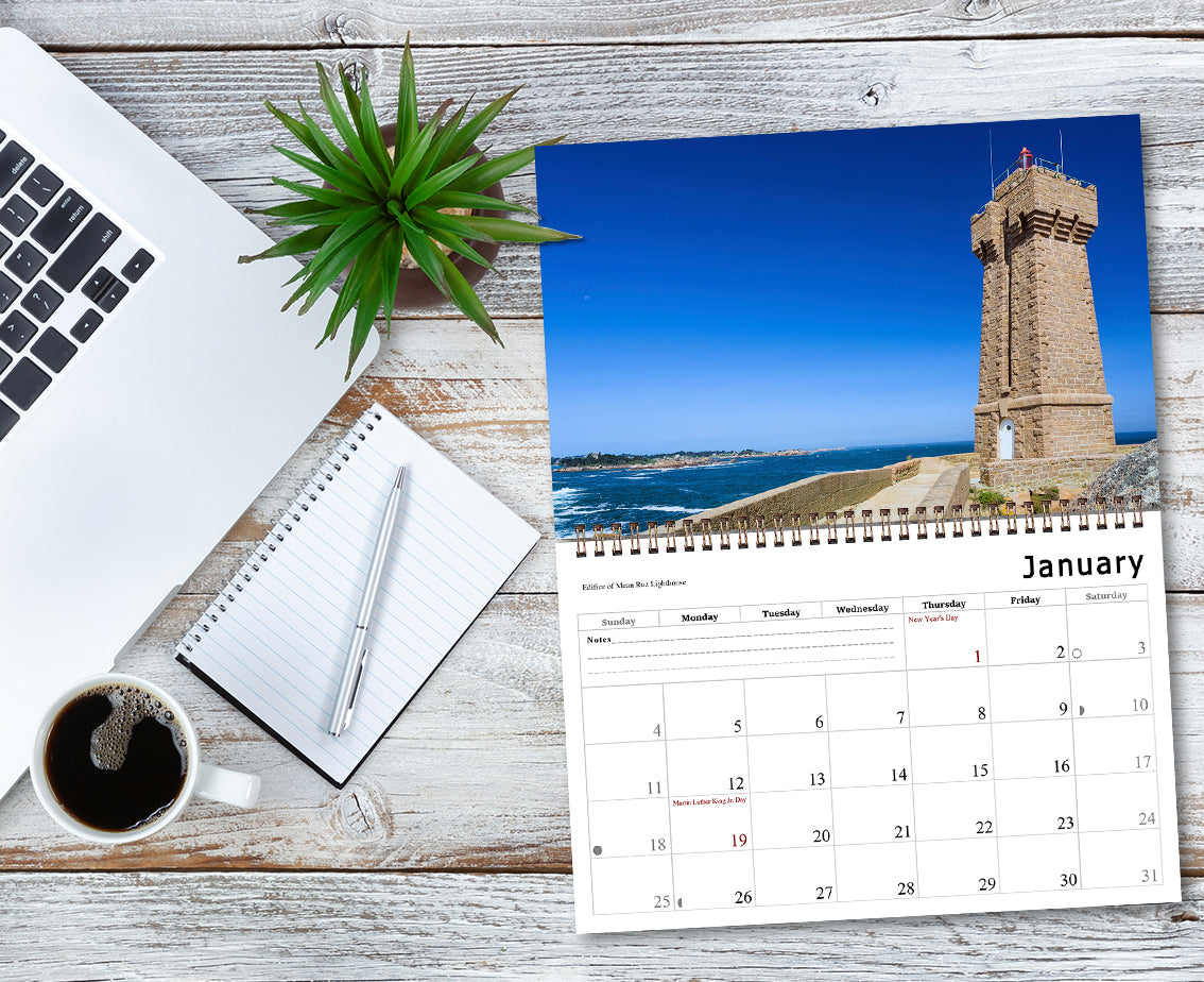 2026 Spiral-bound Wall Calendar (Lighthouses) - 12 Months Desktop/Wall Calendar/Planner