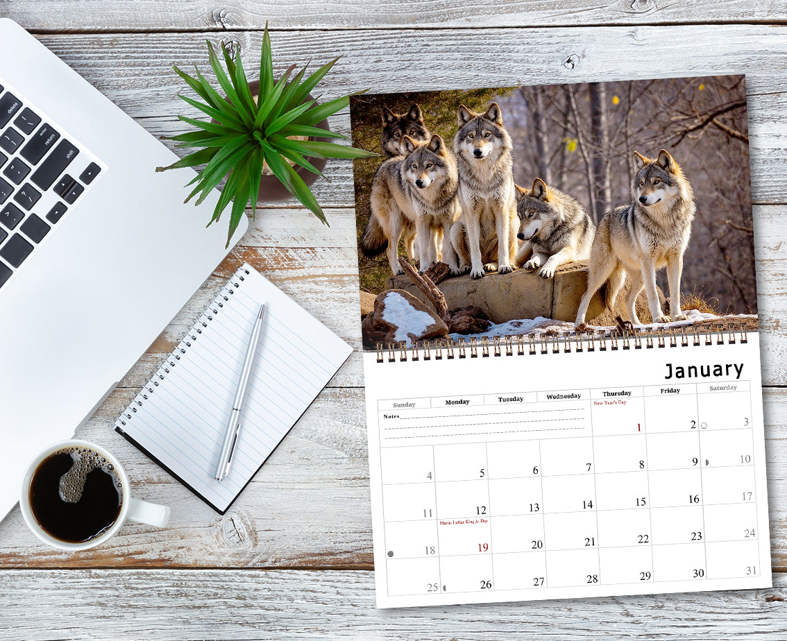 2026 Spiral-bound Wall Calendar (Wolves) - 12 Months Desktop/Wall Calendar/Planner