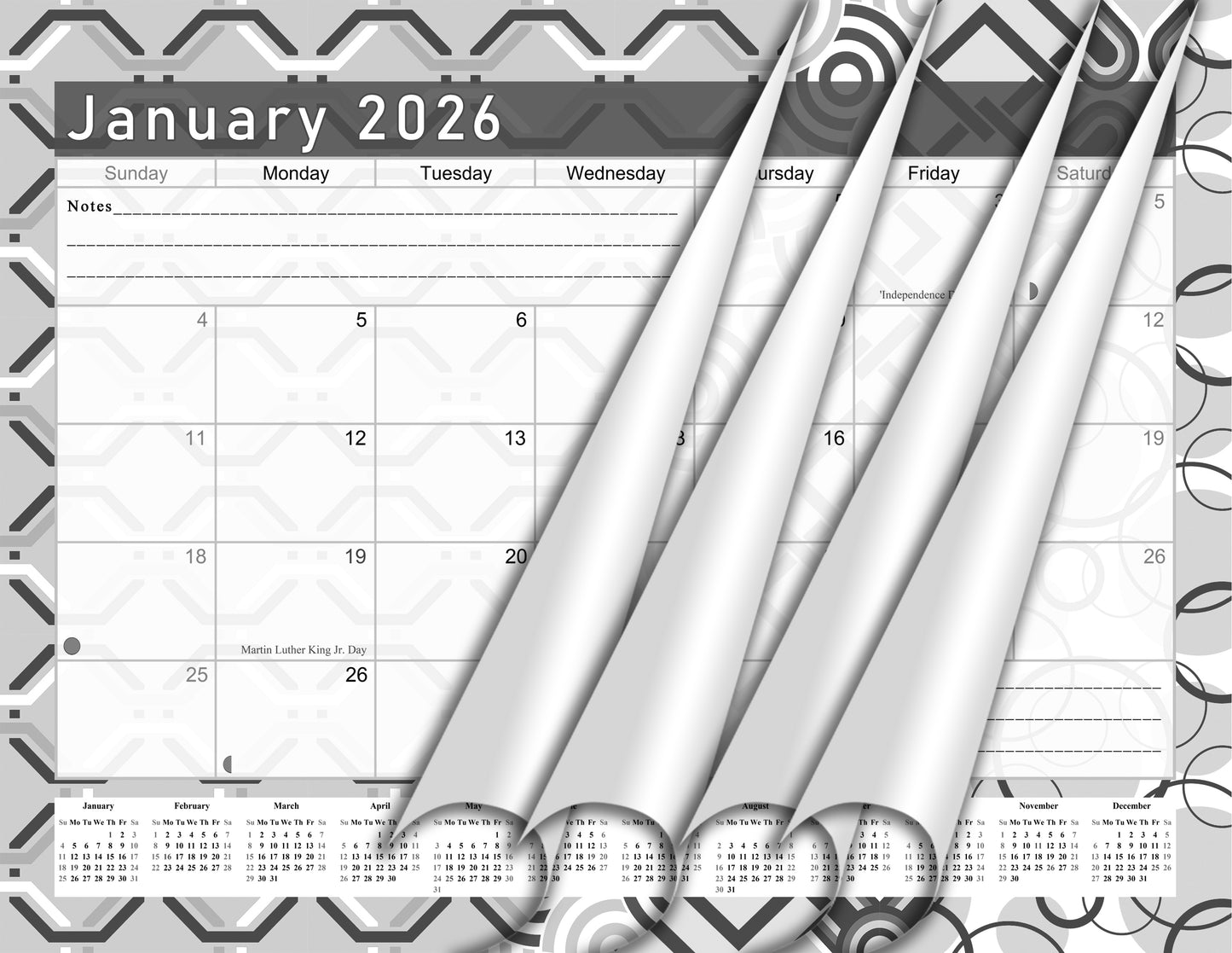2025-2026 Monthly Spiral-Bound Wall/Desk Calendar - Desktop/Wall Blotter Calendar/Planner - (Edition Geometric B&W #04)