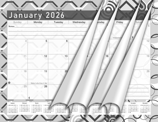 2025-2026 Monthly Spiral-Bound Wall/Desk Calendar - Desktop/Wall Blotter Calendar/Planner - (Edition Geometric B&W #04)