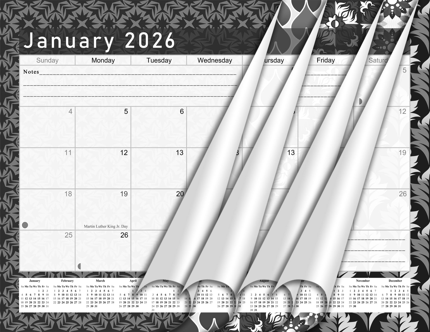 2025-2026 Monthly Spiral-Bound Wall/Desk Calendar - Desktop/Wall Blotter Calendar/Planner - (Edition B&W #017)