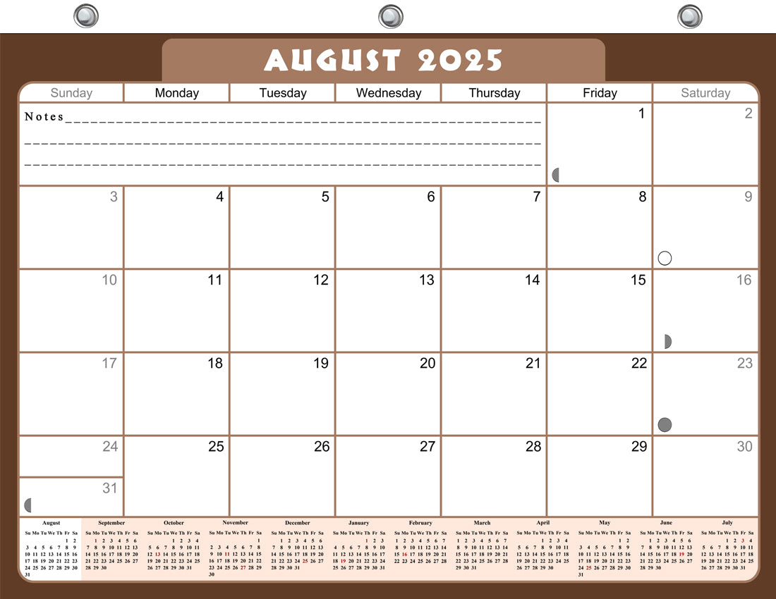 2025 - 2026 Academic Year 12 Months Student Calendar / College Planner for 3-Ring Binder, Desk or Wall -School Supplies - Made in USA -v022