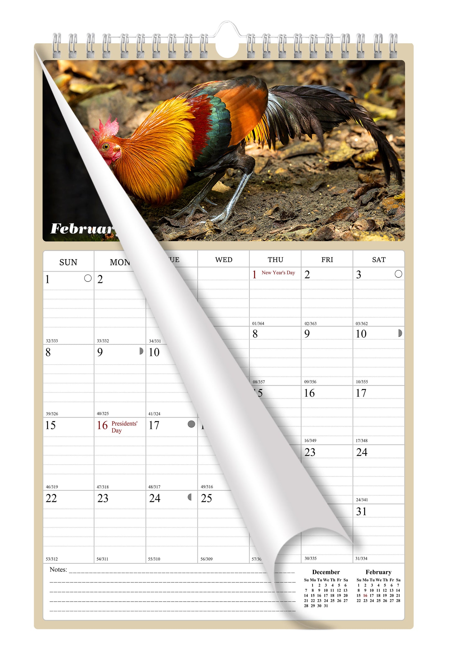2026 Wall Calendar Spiral-bound Twin-Wire Binding - 12 Months Planner - Large Ruled Blocks with Julian Dates - (Roosters)