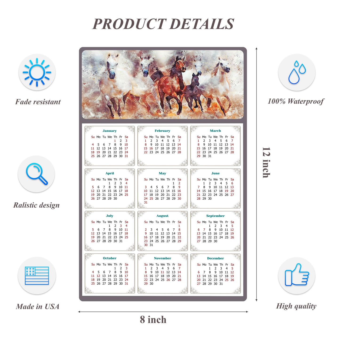 2026 Peel & Stick Calendar - Today is my Lucky Day Removable - Horses 09 (12"x 8")