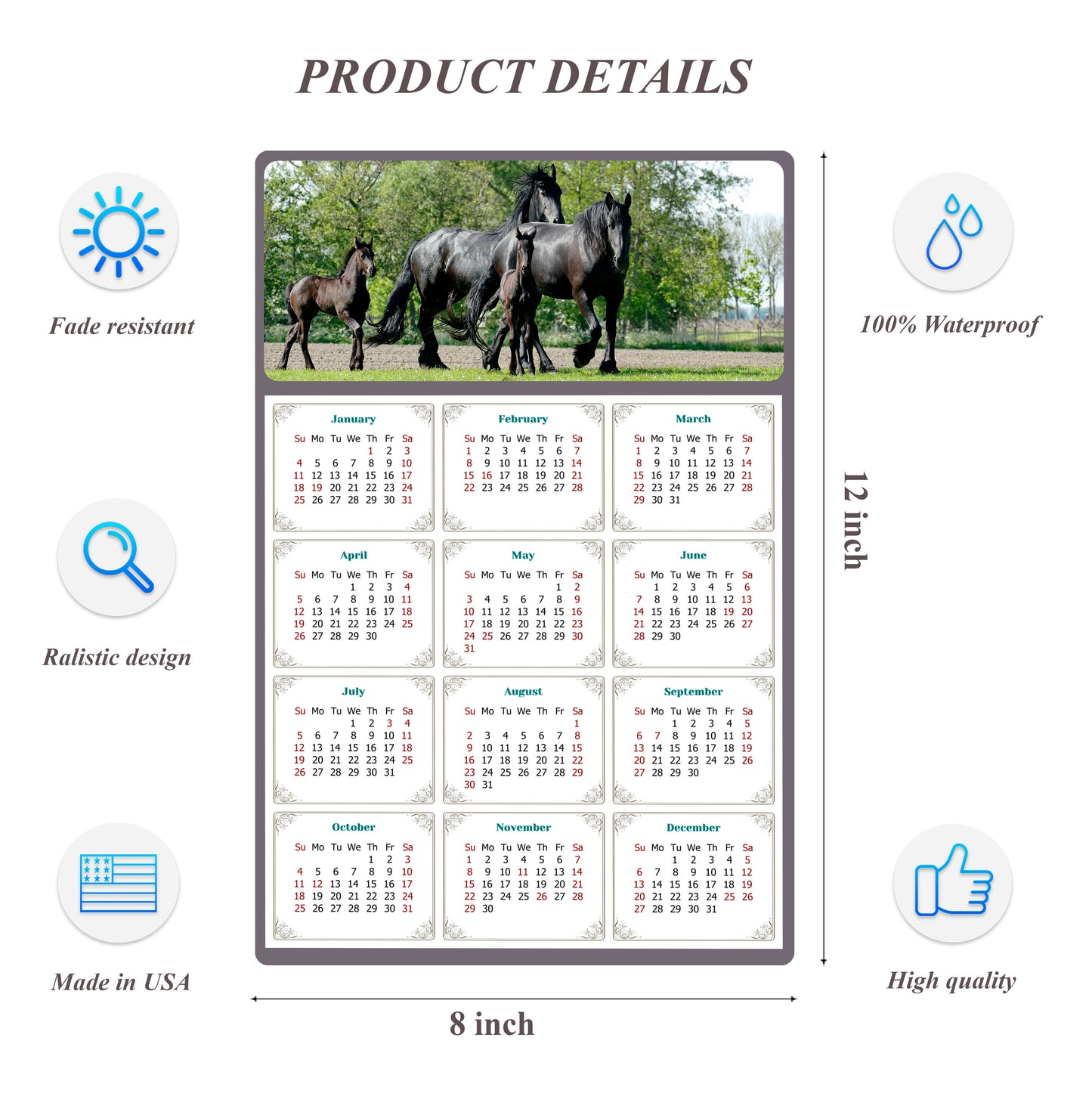 2026 Peel & Stick Calendar - Today is my Lucky Day Removable - Horses 05 (12"x 8")