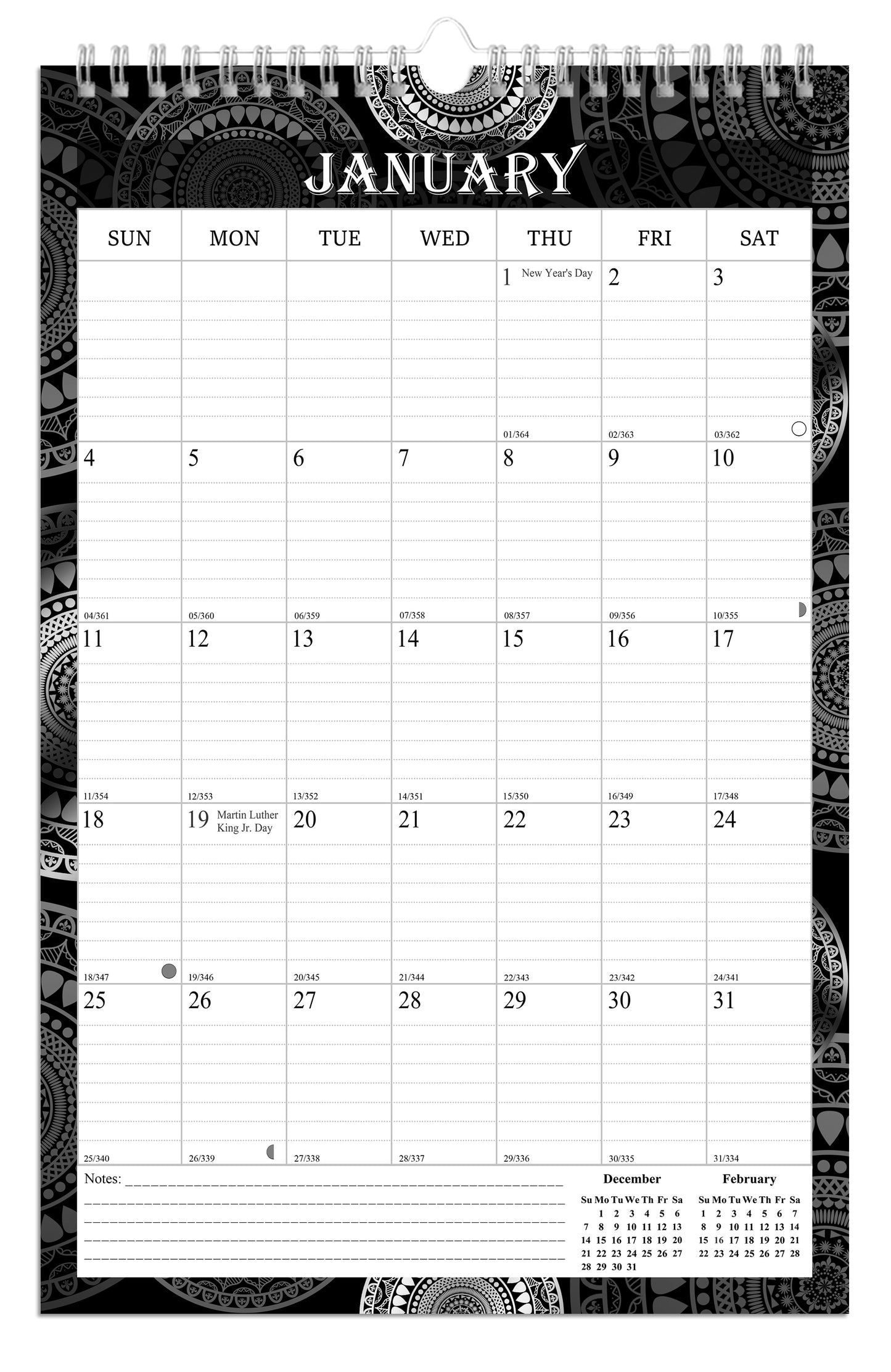 2026 Wall Calendar Spiral-Bound Twin-Wire Binding - 12 Months 09 B&W