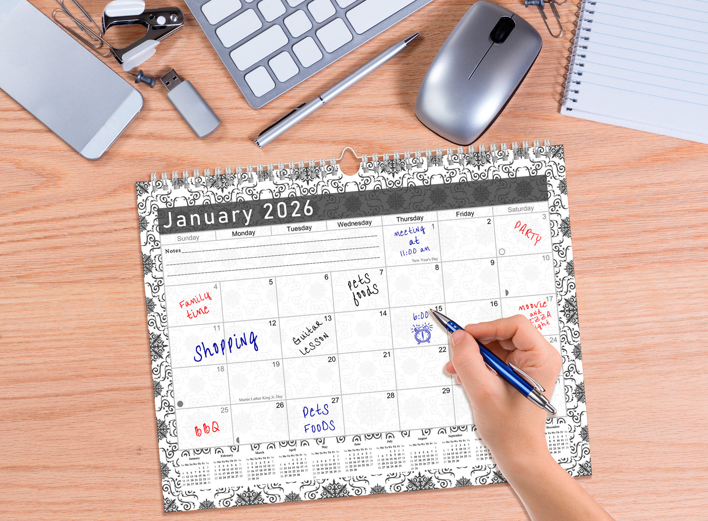 2025-2026 Monthly Spiral-Bound Wall/Desk Calendar - Desktop/Wall Blotter Calendar/Planner - (Edition B&W #014)