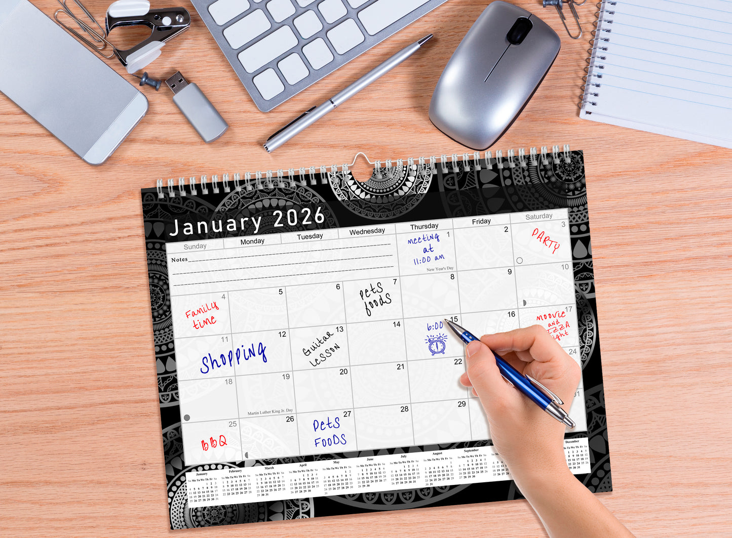 2025-2026 Monthly Spiral-Bound Wall/Desk Calendar - Desktop/Wall Blotter Calendar/Planner - (Edition B&W #012)