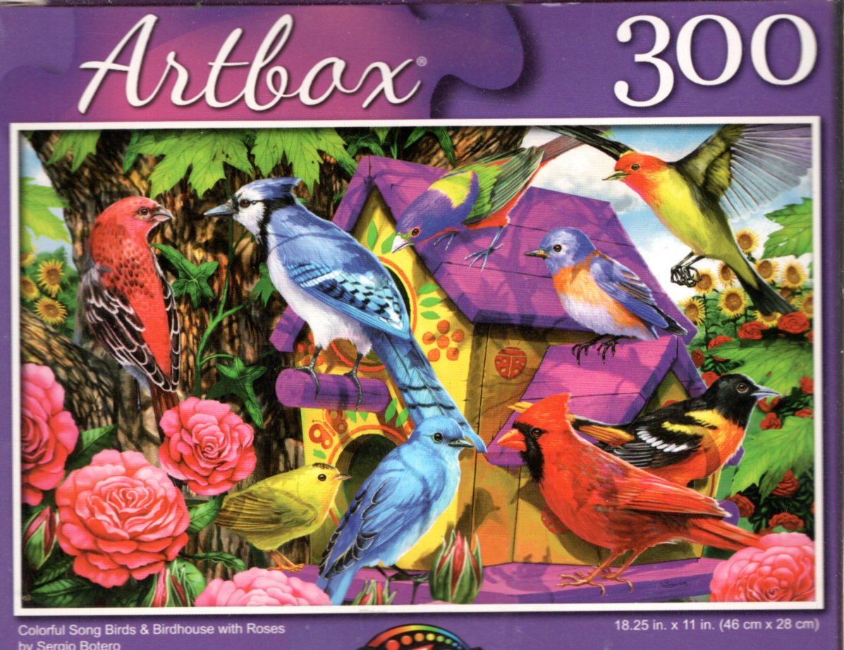 Colorful Song Birds & Birdhouse with Roses - 300 Pieces Jigsaw Puzzle