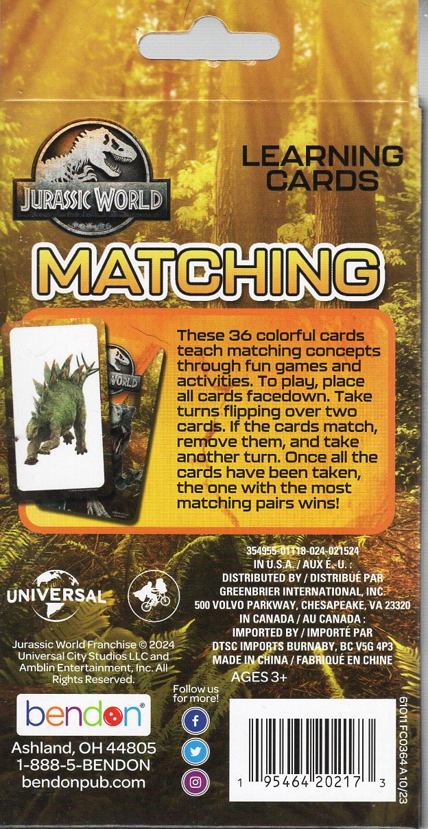 Jurassic World - Dinosaur - Matching Learning Cards
