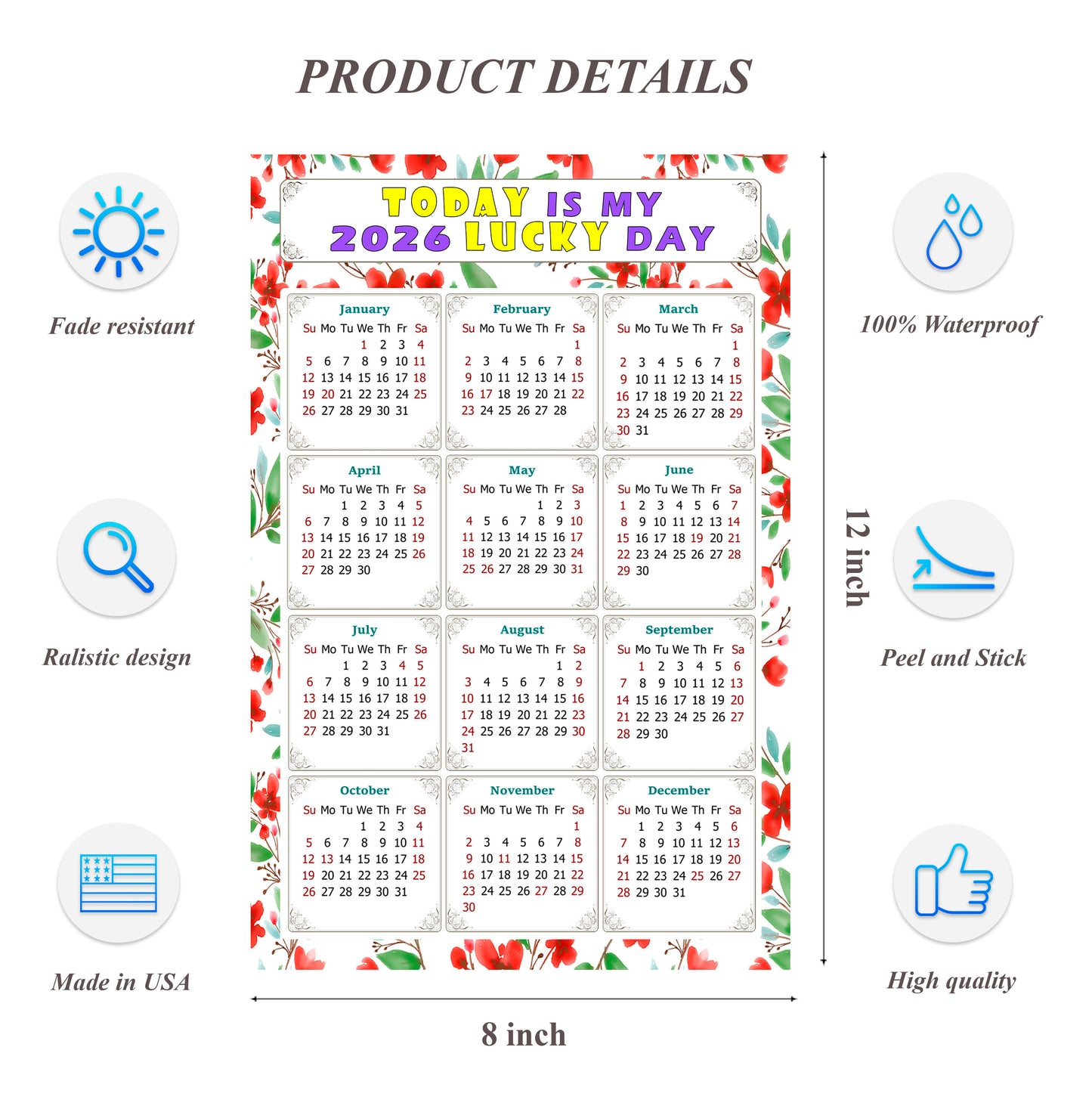 2026 Peel & Stick Calendar - Today is my Lucky Day Removable - 020