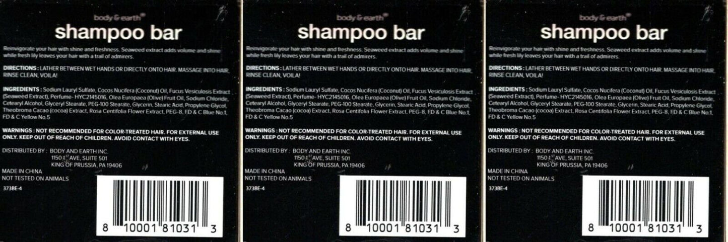 3 - Body & Earth Shampoo Bars Ocean Waves W/Travel Tin Up To 50 Washes Each NIB