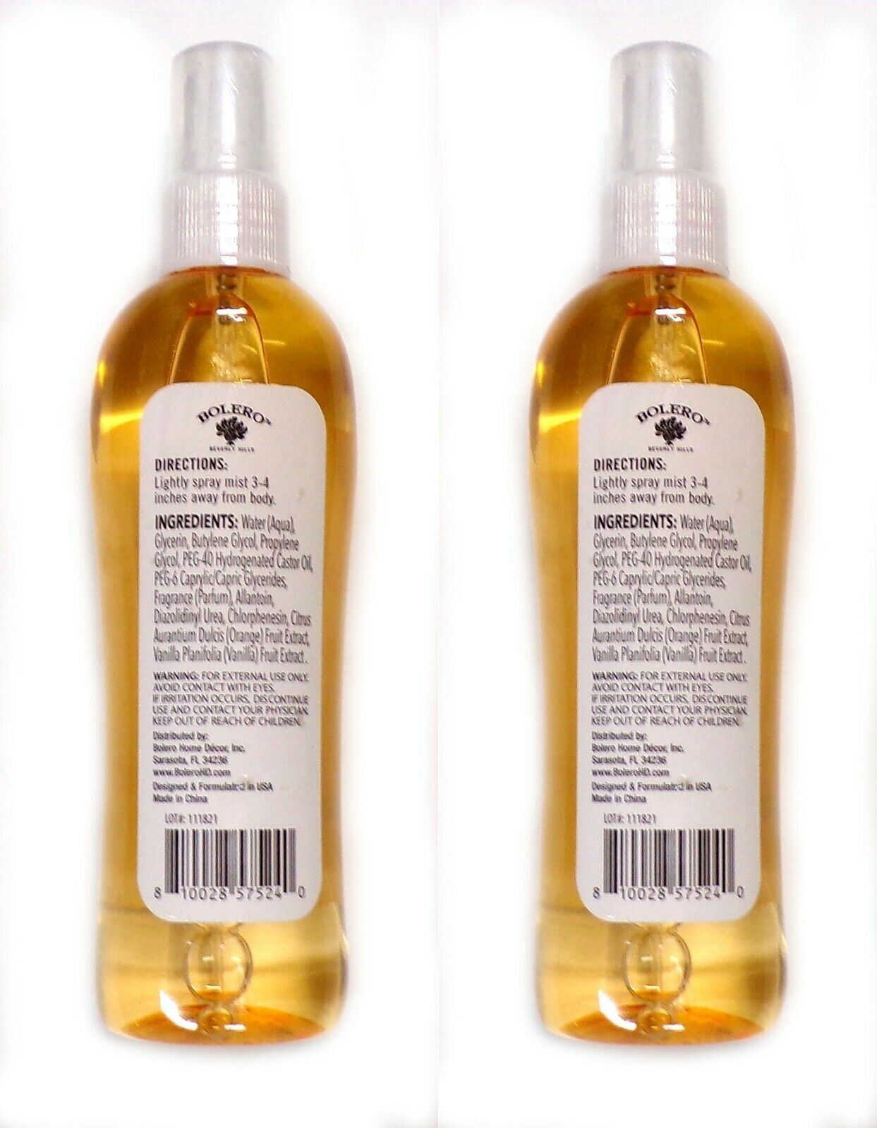 Bolero Body Mist Sweet Orange + Vanilla 4fl oz 118.3 ml (Set of 2)