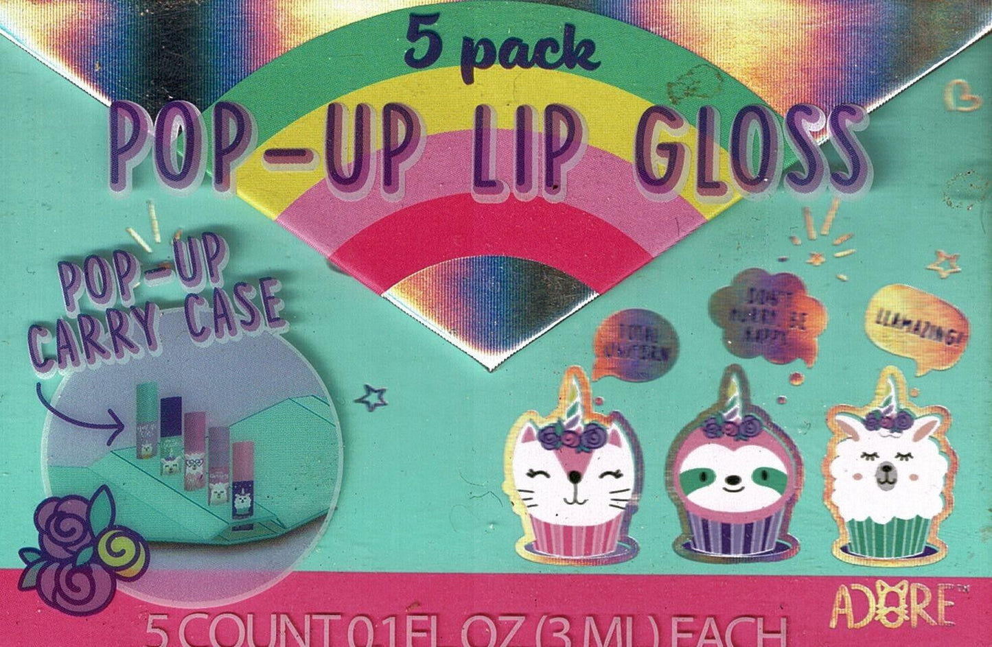 Pop Up Lip Gloss 5 Pack In Pop-up Magnetic Carry Case Llama/Unicorn - New In Box
