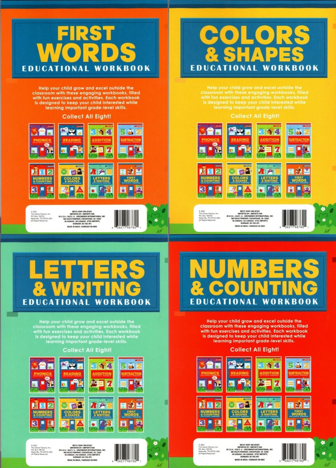 Workbooks Numbers & Counting, Colors & Shapes, Letters & Writing, First Words