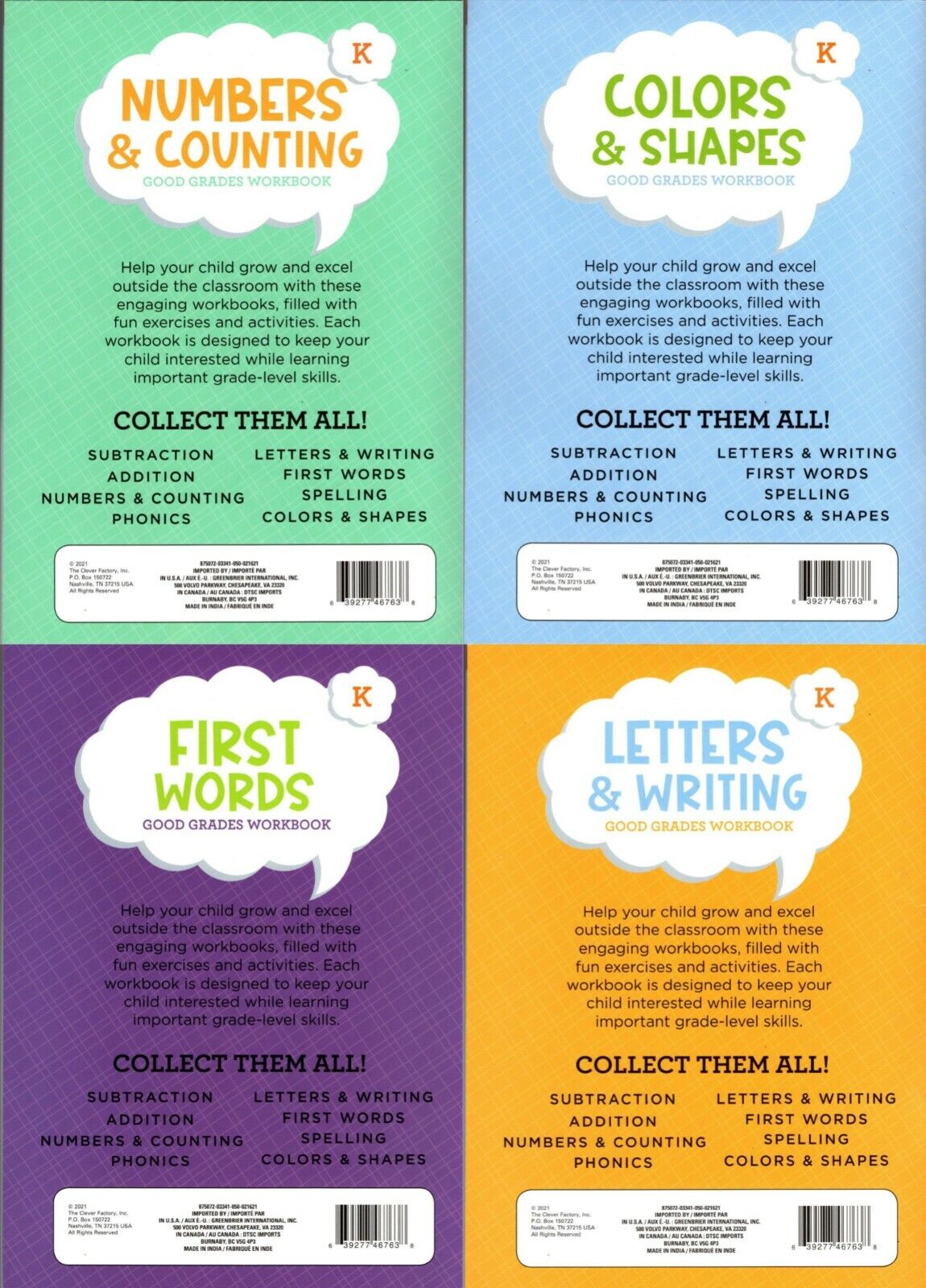 Workbooks Numbers & Counting, Colors & Shapes, Letters & Writing, First Words