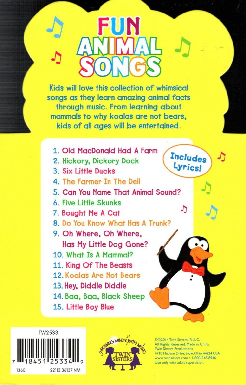 Fun Animal Songs - Educational Book + Music CD Includes 15 Songs
