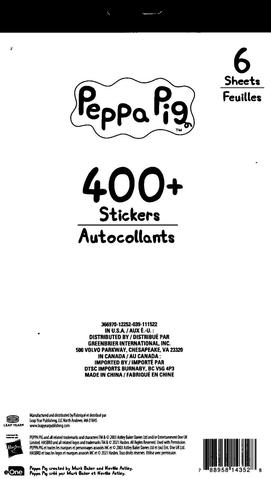 400+ Fun Stickers - Peppa Pig 6 Sheets (Set of 2 Pack)