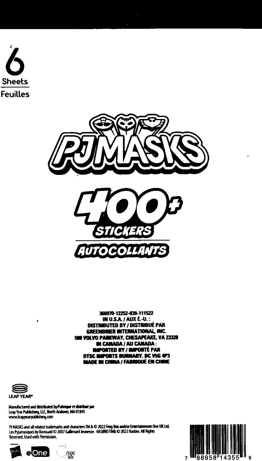 400+ Fun Stickers - PJ Masks 6 Sheets (Set of 2 Pack)