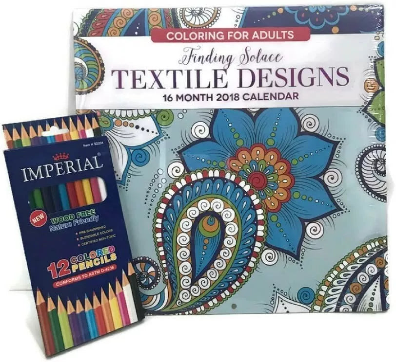 16 Month 2018 Adult Coloring Book Calendar and Color Pencils Set