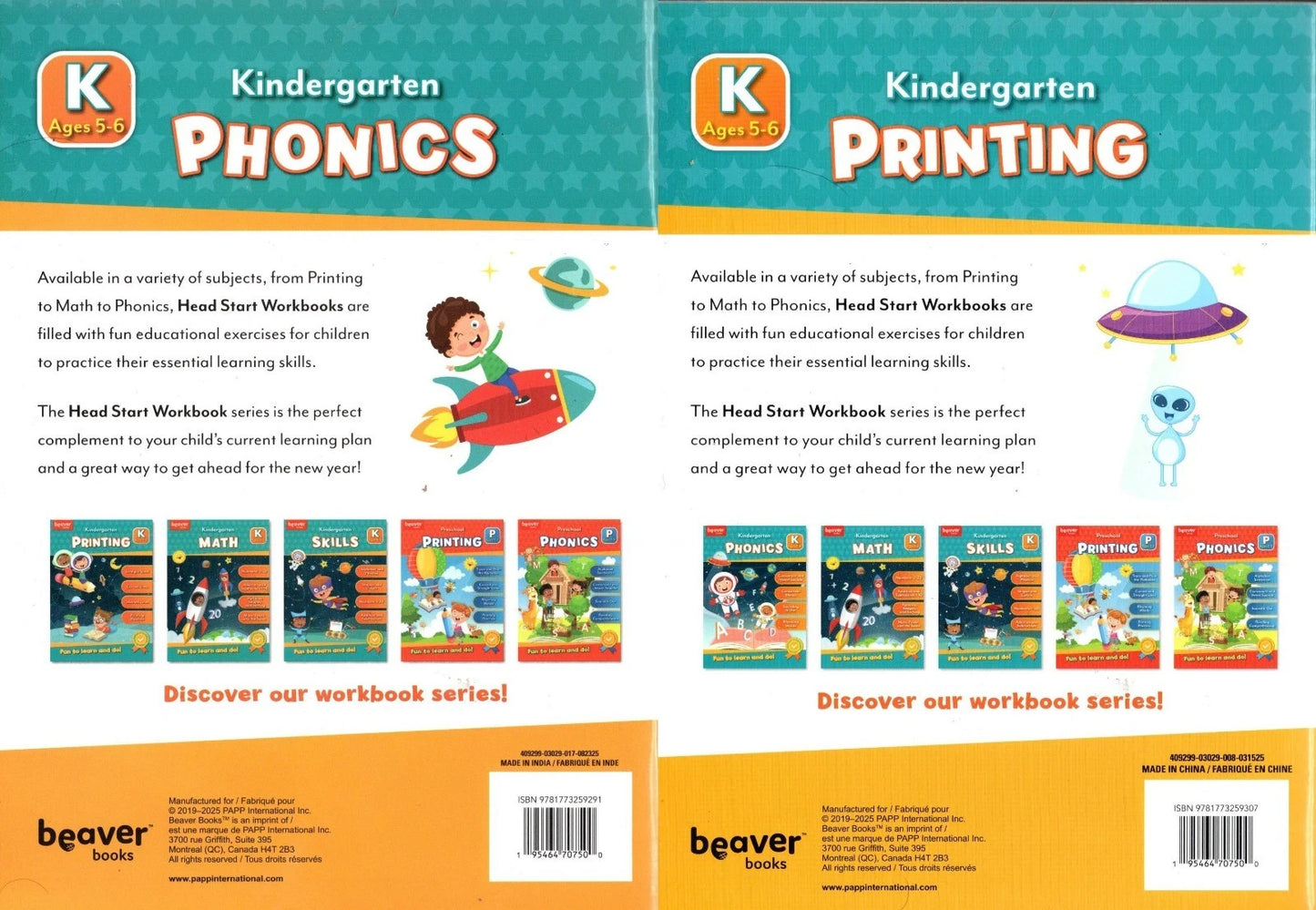 Beaver Kindergarten Educational Workbooks - Phonics, Printing, Skills, Math. Set