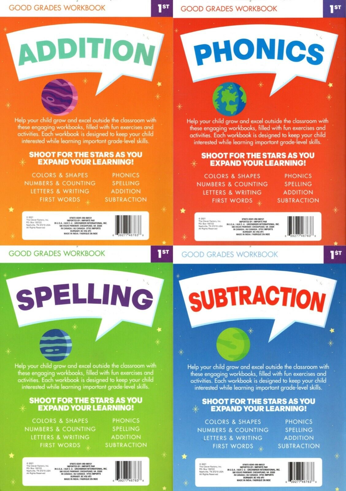 First Grade Educational Workbooks Spelling, Phonics, Addition, & Subtraction