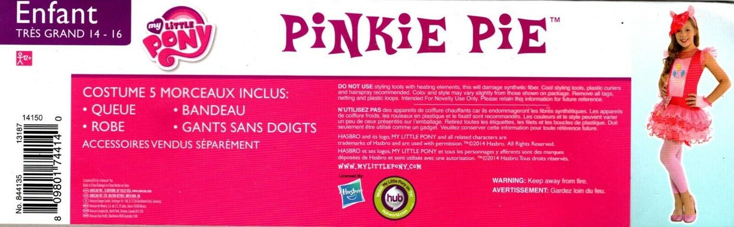 MY LITTLE PONY PINKIE PIE CHILD COSTUME GIRLS SIZE X-LARGE XL 14-16