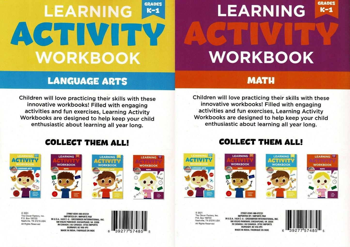 Learning Activity Workbook - Language Arts Grades K 1, Math Grades K 1 Set of 2