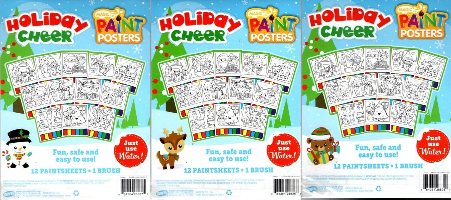 Magic Paint Posters - Christmas Holiday Cheer - 12 Paint Sheets + 1 Paintbrush